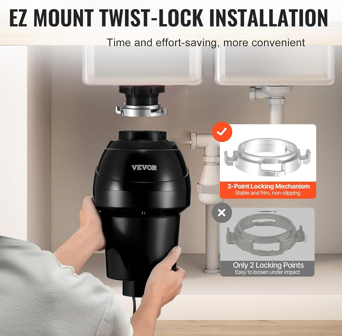 VEVOR Garbage Disposal, 1HP 3270RPM DC Motor, Continuous Feed Food Waste Sink Disposer, EZ Connect Food Waste Grinding System with Sound Reduction, Power Cord and Splash Guard, for Kitchen