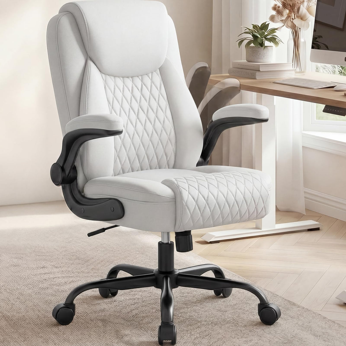 COMHOMA Mid-Back Office Chair, Ergonomic PU Desk Chair with Flip up Arms, Small Computer Gaming with Comfy Lumbar Support,Rocking Function,Sturdy Metal Base, Ink Black
