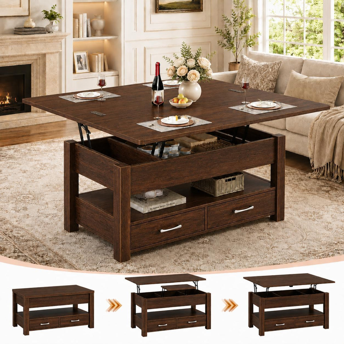 40" Lift Top Coffee Table, 4 in 1 Square Coffee Table with Storage Shelf & 2 Drawers, Modern Coffee Tables with Lift Tabletop, Converts to Dining Table for Living Room, Home Office