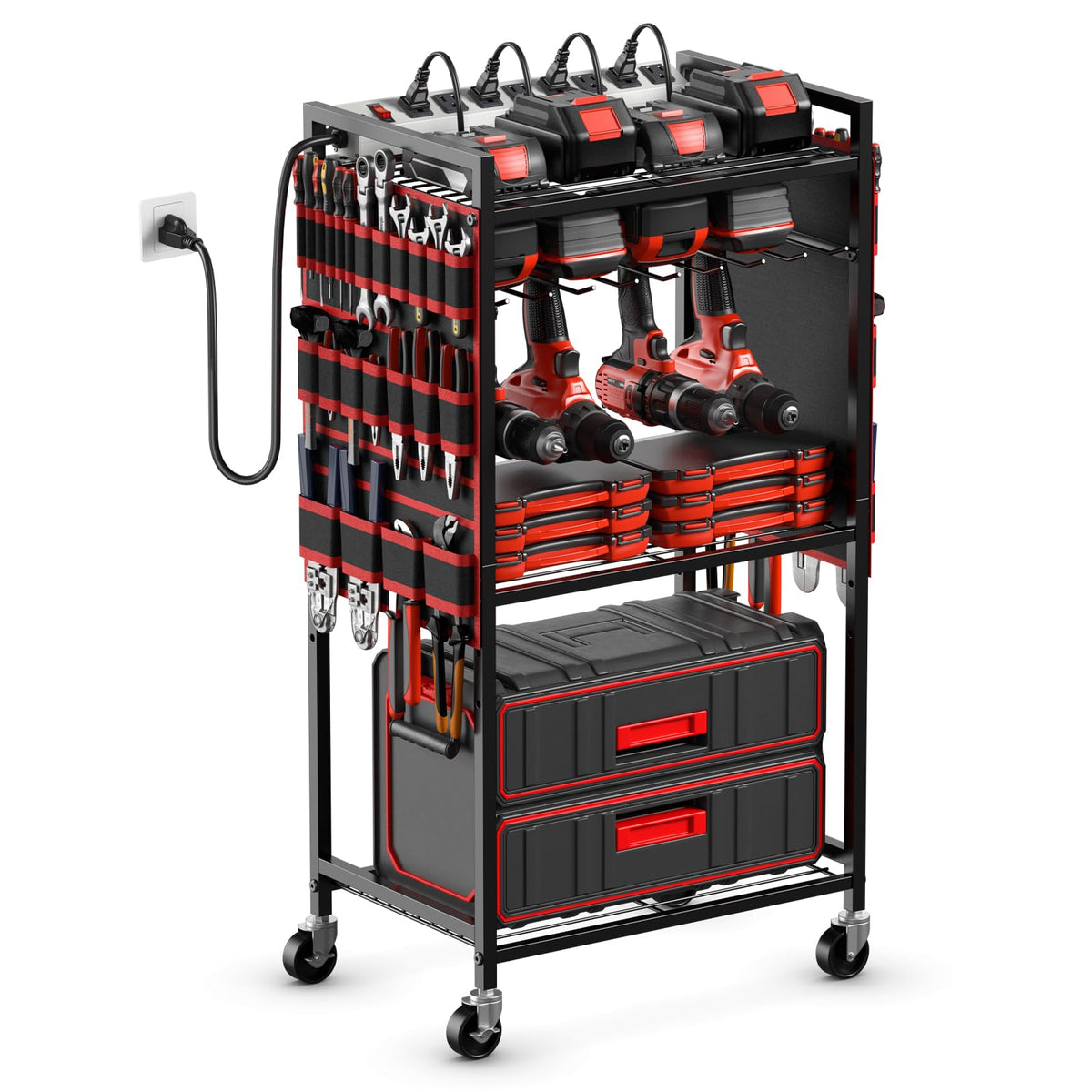 JUNNUJ Power Tool Organizer Cart with Charging Station, 6 FT Cord, Black