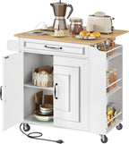 RALGEND Kitchen Island with Power Outlets & Drop Leaf, Small Rolling Kitchen Cart on Wheels, Kitchen Storage Island with Spice Rack, Mobile Island Table for Kitchen, Dinning, White and Natural