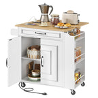 RALGEND Kitchen Island with Power Outlets & Drop Leaf, Small Rolling Kitchen Cart on Wheels, Kitchen Storage Island with Spice Rack, Mobile Island Table for Kitchen, Dinning, White and Natural