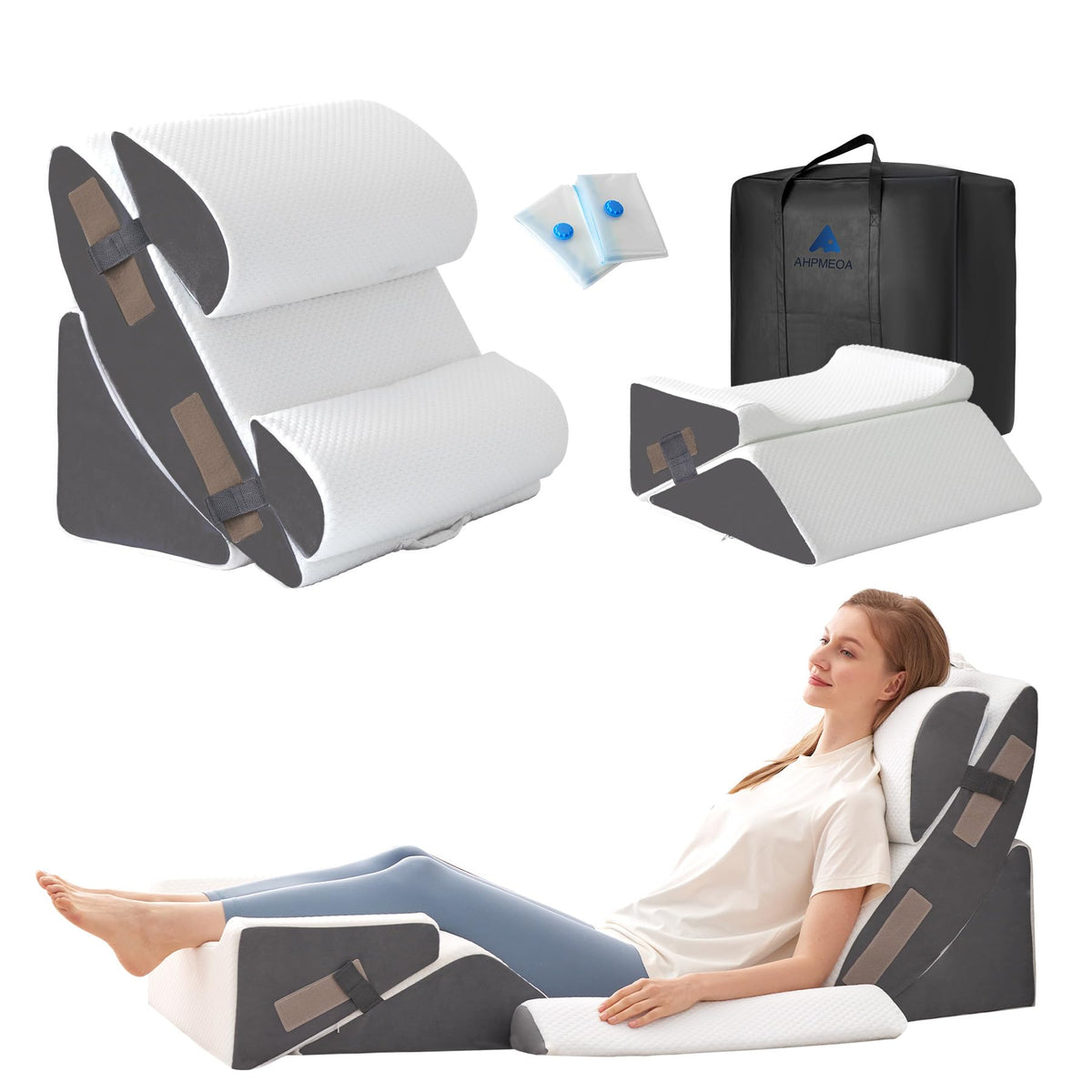 Ahpmeoa 6PCS Wedge Pillow Set for After Surgery, Bed Wedge Pillow Post Surgery, Bed Pillows for Sitting Up, Sleeping, Acid Relux, Memory Foam Back Pillow, Beds Wedges & Body Positioners, White/Grey
