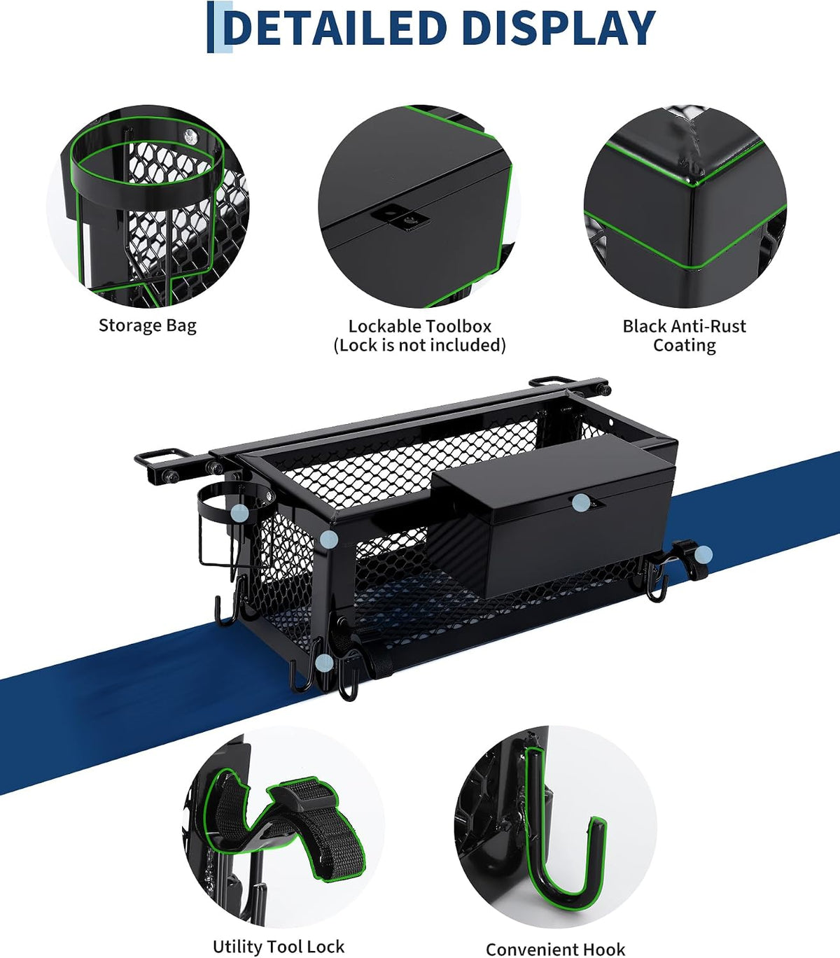 Garvee Heavy Duty Tractor Tool Box, Tractor Basket Accessories with Storage Bag, Hook, and Ratchet Strap, 24x10x10in Tractor Basket Attachment, Fit for Most Tractors and Zero Turn Mower