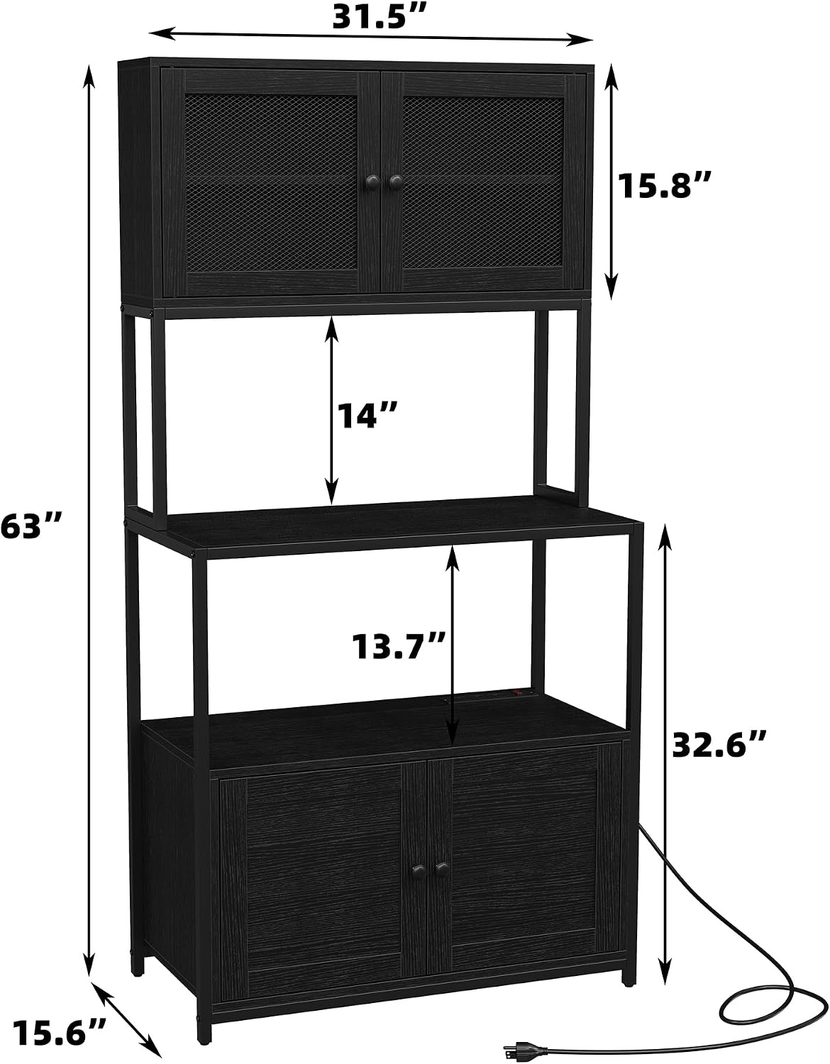 Furniouse 6-Tier Kitchen Bakers Rack with Power Outlet, Industrial Microwave Oven Stand with Shelves, Dust Prove Door, Standing Storage Rack (Black)