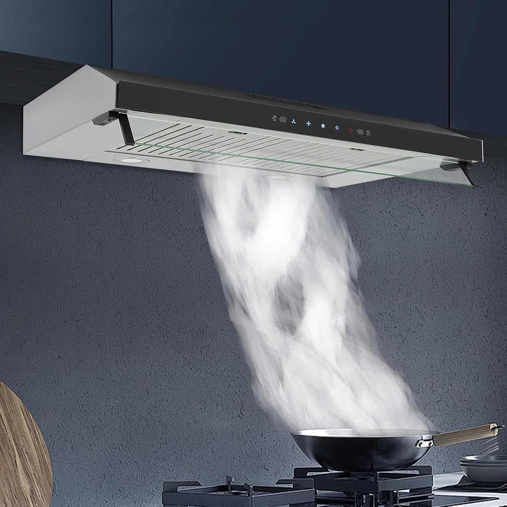 30inch Under Cabinet Range Hood, 900CFM Ducted/Ductless Stainless Steel Kitchen Vent Hood with 3-Speed Gesture Sensing&Touch Control, 2 LED Lights Time Setting Baffle Filters for Kitchens Restaurants