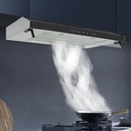 30inch Under Cabinet Range Hood, 900CFM Ducted/Ductless Stainless Steel Kitchen Vent Hood with 3-Speed Gesture Sensing&Touch Control, 2 LED Lights Time Setting Baffle Filters for Kitchens Restaurants