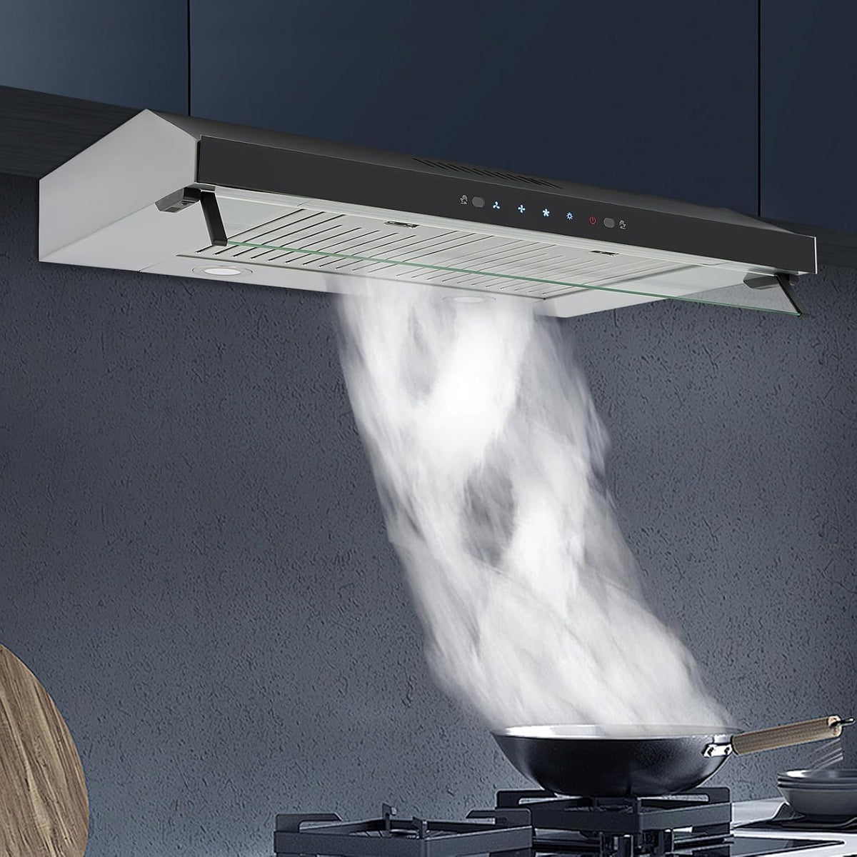 30inch Under Cabinet Range Hood, 900CFM Ducted/Ductless Stainless Steel Kitchen Vent Hood with 3-Speed Gesture Sensing&Touch Control, 2 LED Lights Time Setting Baffle Filters for Kitchens Restaurants