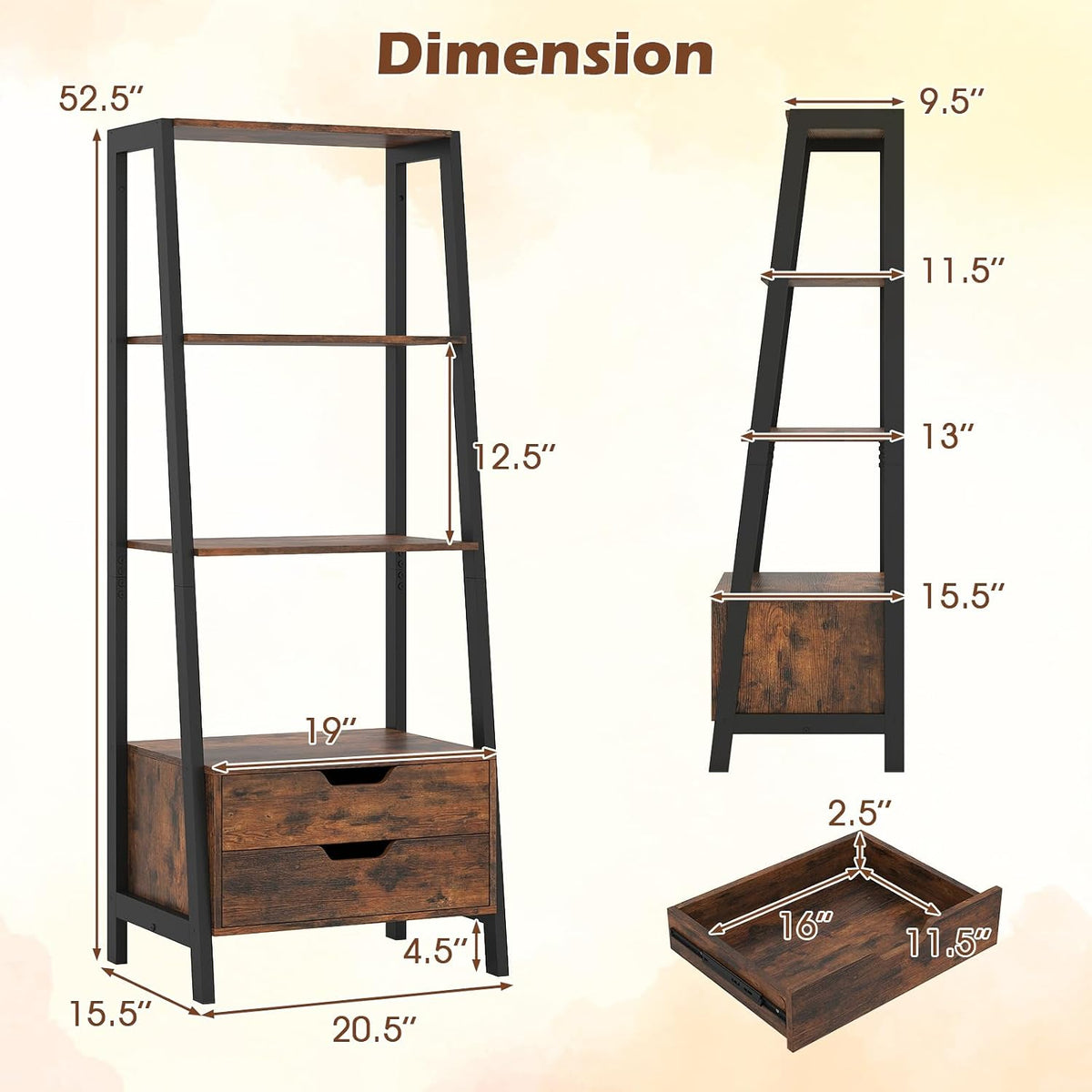 GIANTEX 4-Tier Bookshelf with 2 Drawers Set of 2, Modern Ladder Bookshelf w/Storage, Sturdy Metal Frame, Anti-toppling Devices, Display Standing Shelf Unit, Freestanding Bookcase, Rustic Brown