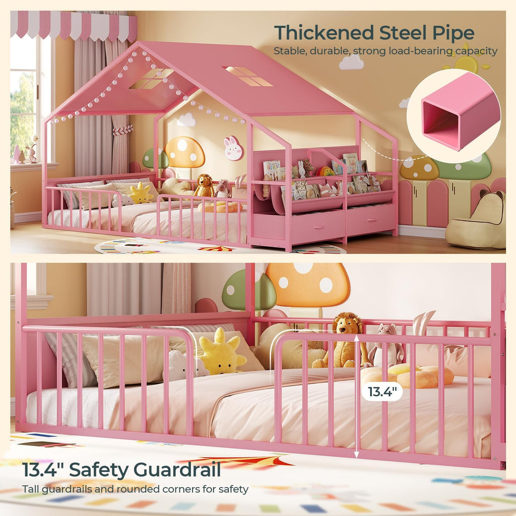 Montessori Full Size Floor Bed, Safety Guardrails, Reading Nook, Pink