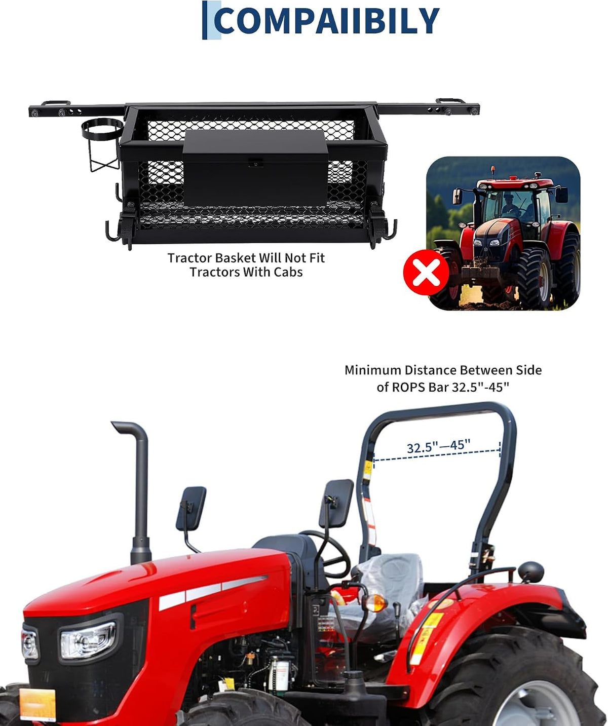 Heavy Duty Tractor Tool Box Basket Attachment – 24x10x10in Storage Box for Compact Tractors – Includes Storage Bag, Hook, Ratchet Strap – Durable Farm Equipment Accessory