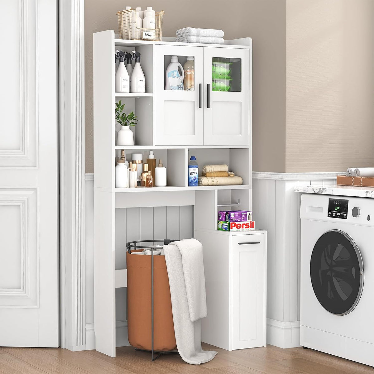 ELYKEN Over The Toilet Storage Cabinet with Acrylic Doors & Pulley, White