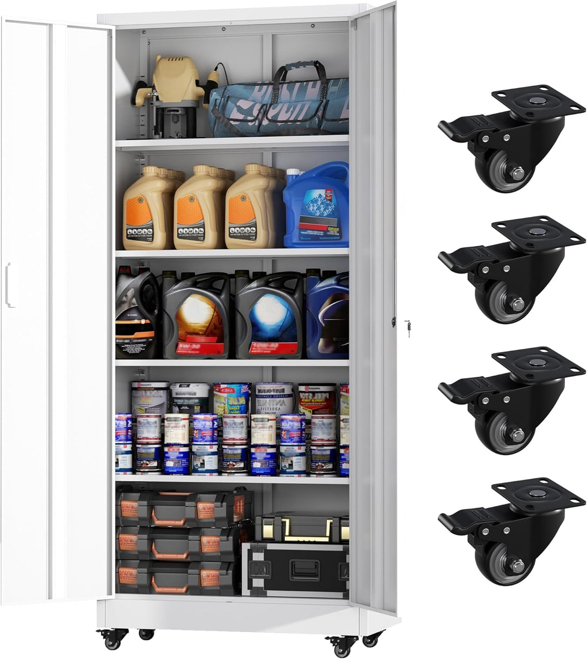 Greenvelly Metal Garage Storage Cabinet with 4 Swivel Wheels, 73" Black Storage Cabinet on Wheels, Rolling Tool Cabinet with Locking Doors and Shelves for Garage, Basement, Home, Warehouse