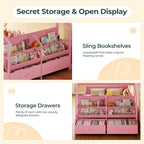 Montessori Full Size Floor Bed, Safety Guardrails, Reading Nook, Pink