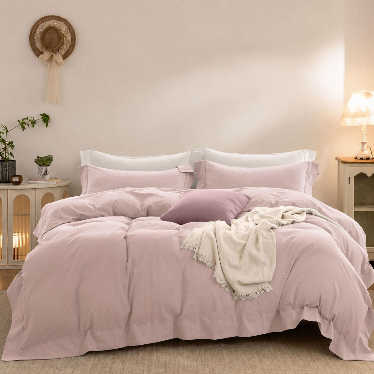 Duvet Cover Set Washed Cotton Embroidered Hem King 3‑Pcs