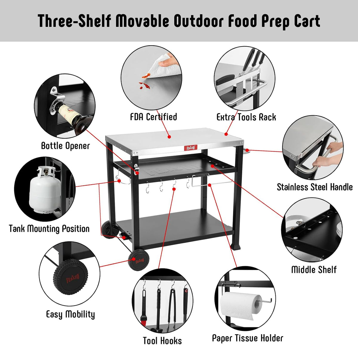 Feasto 3-Shelf Pizza Oven Table, Outdoor Grill Cart, 33.5" x 21.7", Black