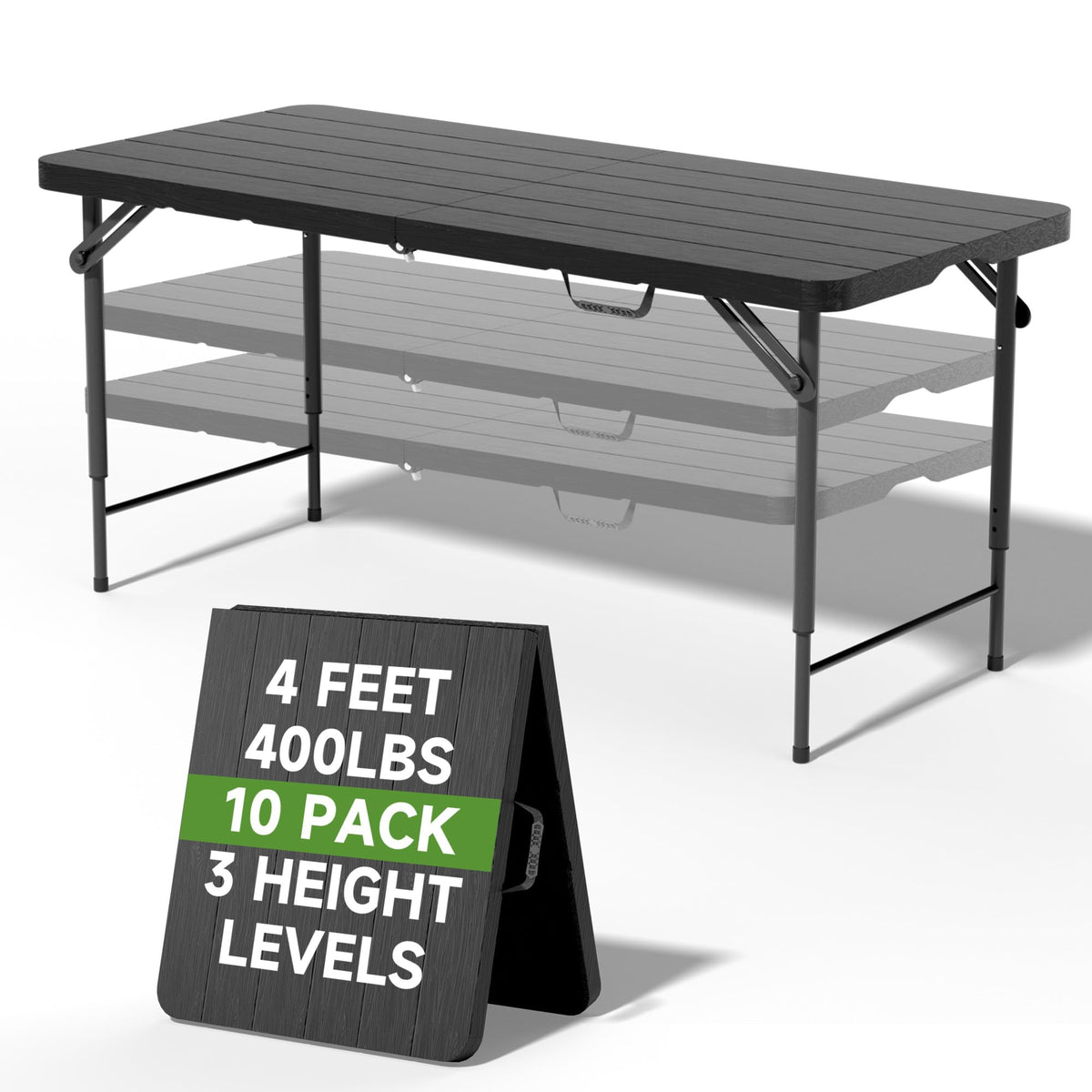 4 FT Folding Table, 3-Position Adjustable Height, Heavy Duty 400 lbs Capacity, Portable Table for Camping, Party, Indoor & Outdoor (Black Wood Grain, 2 Pack)