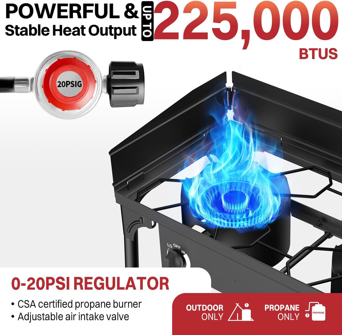 3 Burner Propane Camp Stove | 225,000 BTU | High Pressure Gas Burners