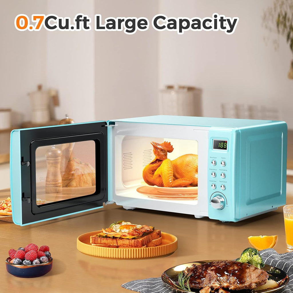 MAT EXPERT 0.7 Cu.ft Compact Microwave Oven, Digital Timing & Child Lock, Small Microwave w/Glass Turntable & 6 Preset Buttons, Delayed Start Function, 700W Mini Microwave w/5 Micro Power (Green)