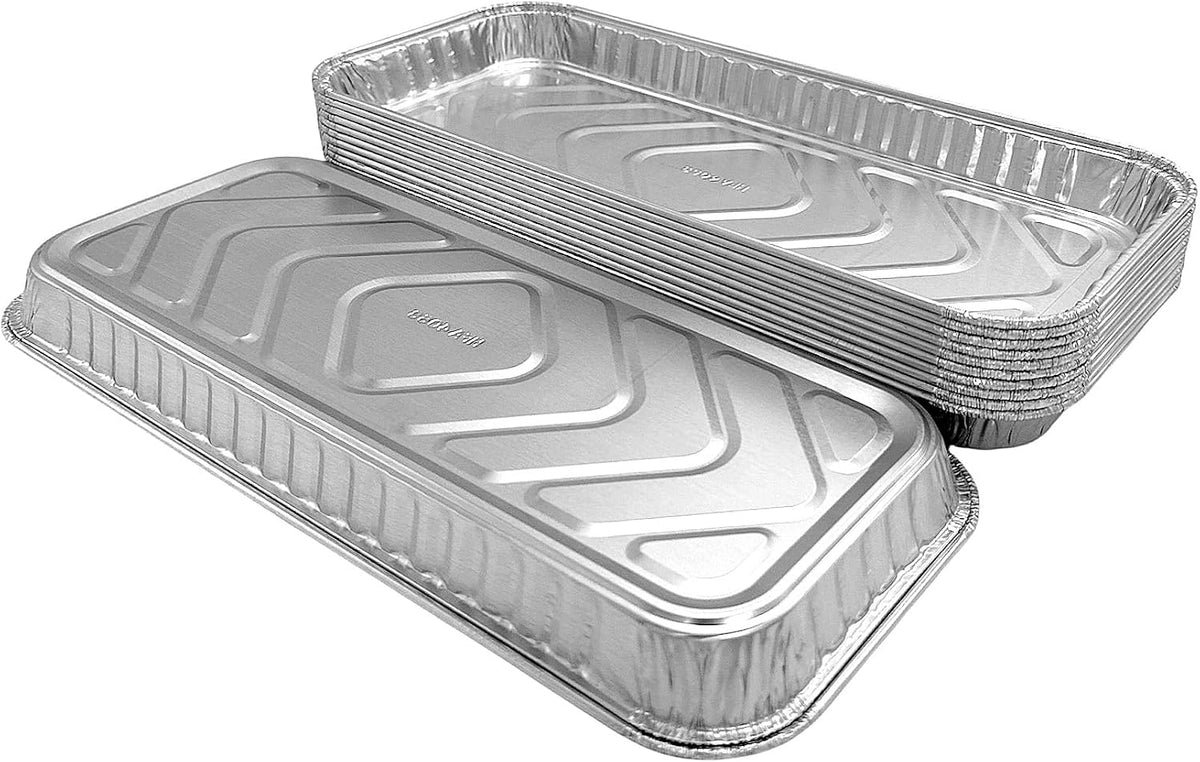 PACTOGO 12" x 5" x 1" Disposable Aluminum Foil Oblong Danish Cake Pans with Clear Hinged Lid Container - Ideal Baking Tins for Sweets, Cakes, Cookies, Brownies (Pack of 50)