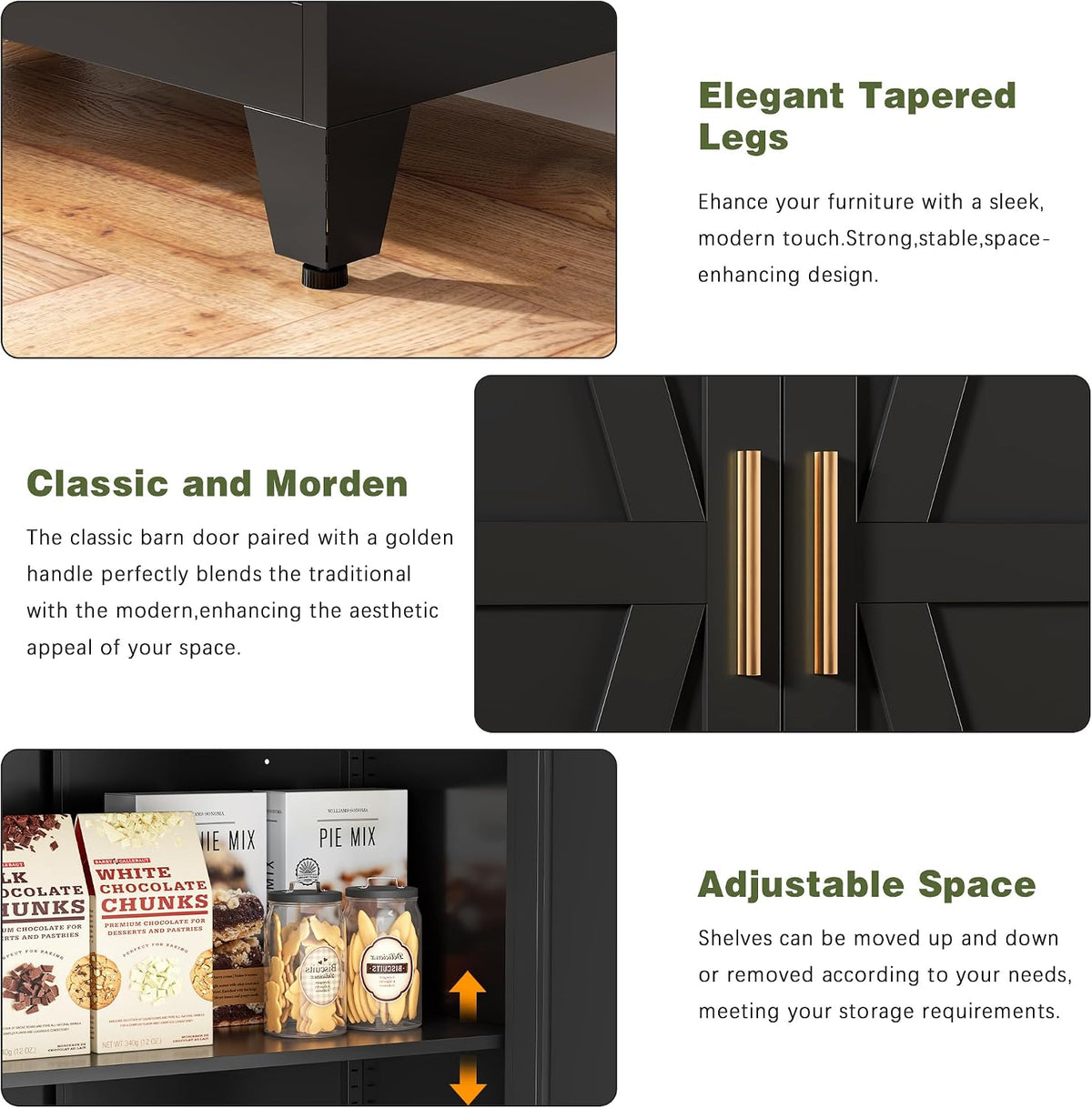 COFaR Black Farmhouse Storage Kitchen Pantry Cabinet with 2 Barn Door, 3 Adjustable Shelves and Legs, for Cupboard/Dining Room/Bathroom/Living Room/Office/Laundry Room (Black, 61" Farmhouse)