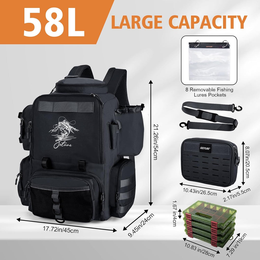 Goture Fishing Backpack with Cooler, 4 Tackle Boxes, Detachable Sling Bag