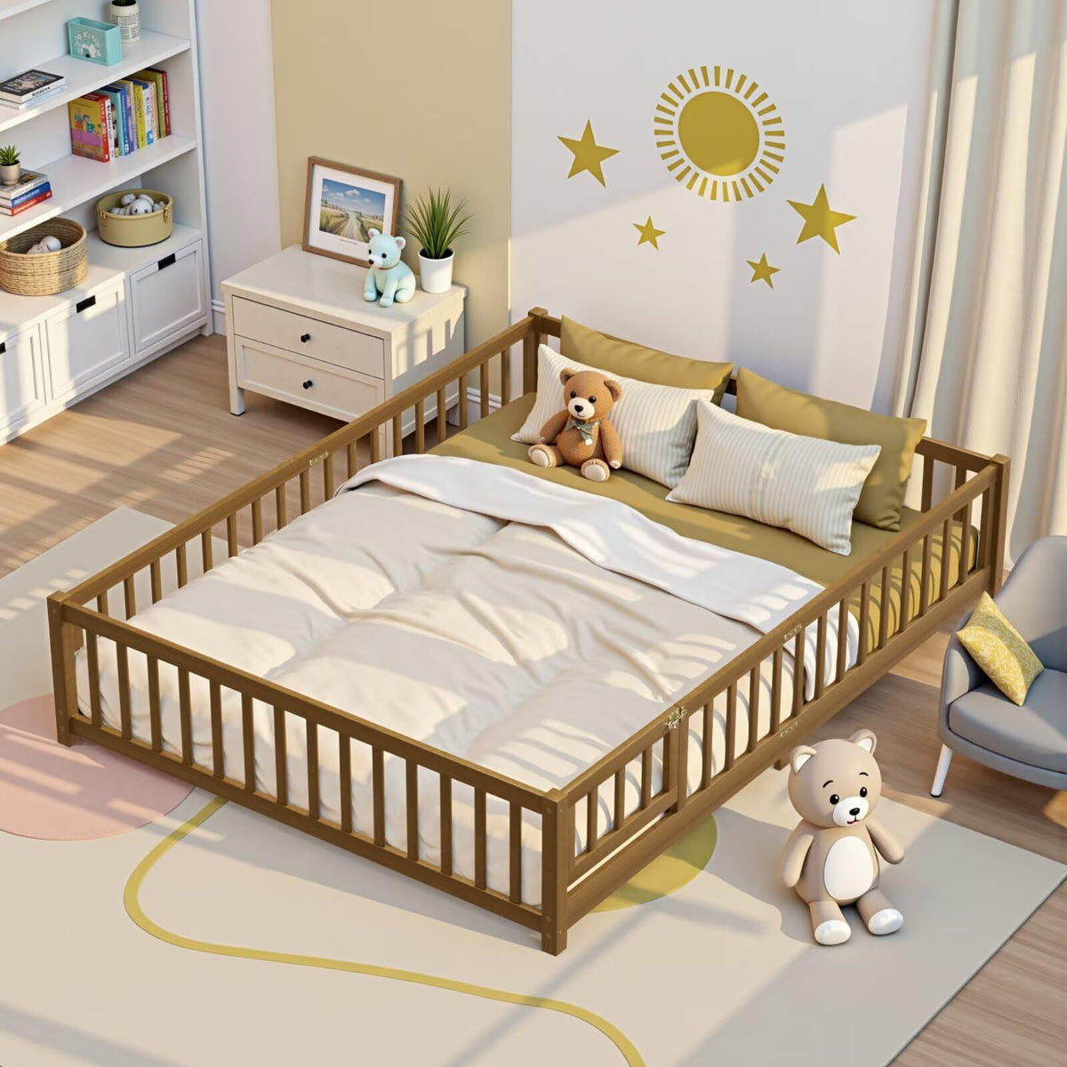 i-POOK Full Size Floor Bed for Children, Solid Wood Montessori Bed Frame with Fence & Door Montessori Floor Bed with Safety Guardrails for Girls and Boys, White (with Bed Slats)