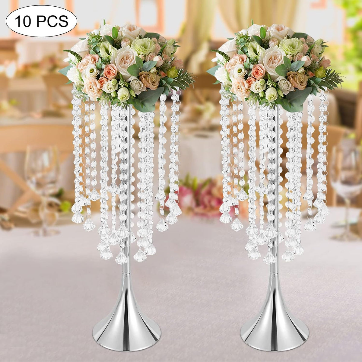 Wedding Centerpieces Silver Vases,10PCS Metal Flower Candle Holder with Sparkling Crystal Beads,Crystal Flower Vase Metal Flowers Stand for Party Tables Decorations (10PCS-Sliver-3)