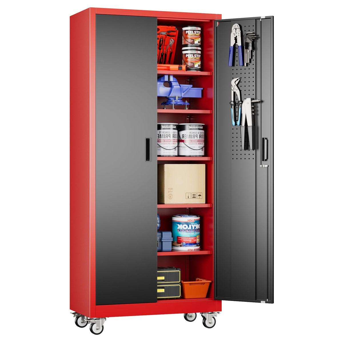 Aobabo 71" Metal Storage Cabinet with Wheels, 5 Shelves & Pegboards, Black