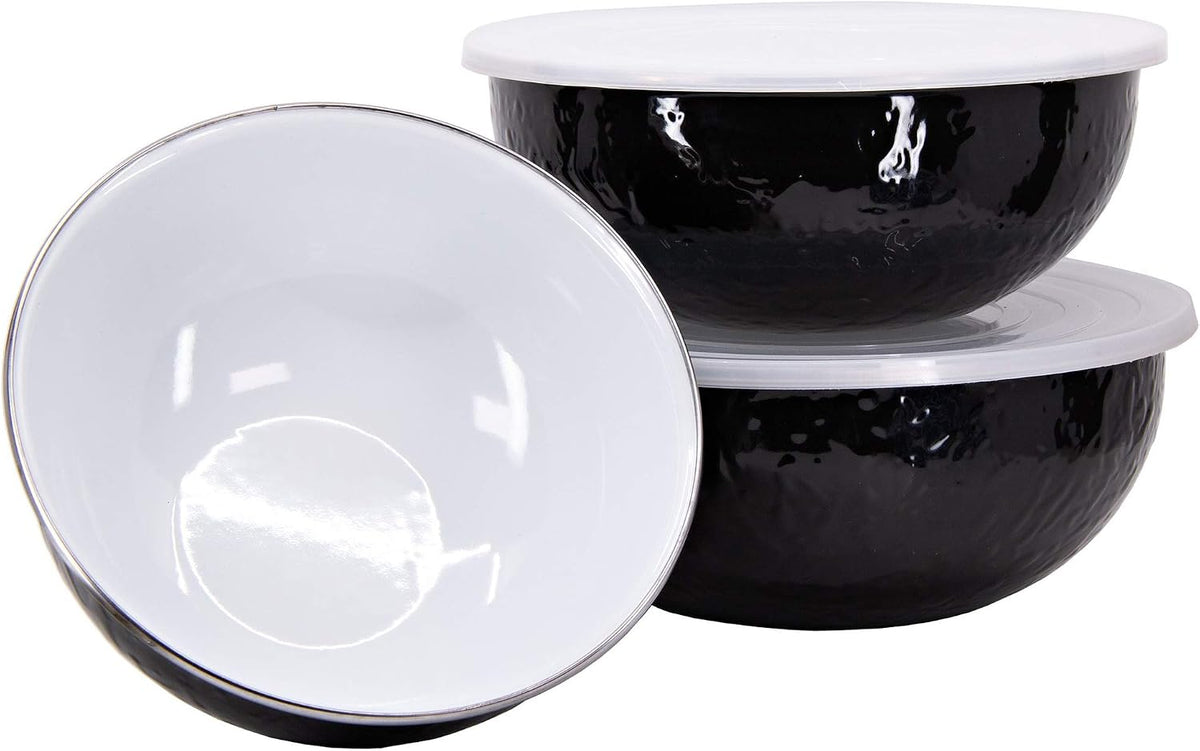 Golden Rabbit Enamelware Nested Mixing Bowls with Lids, Set of 3, Sea Glass