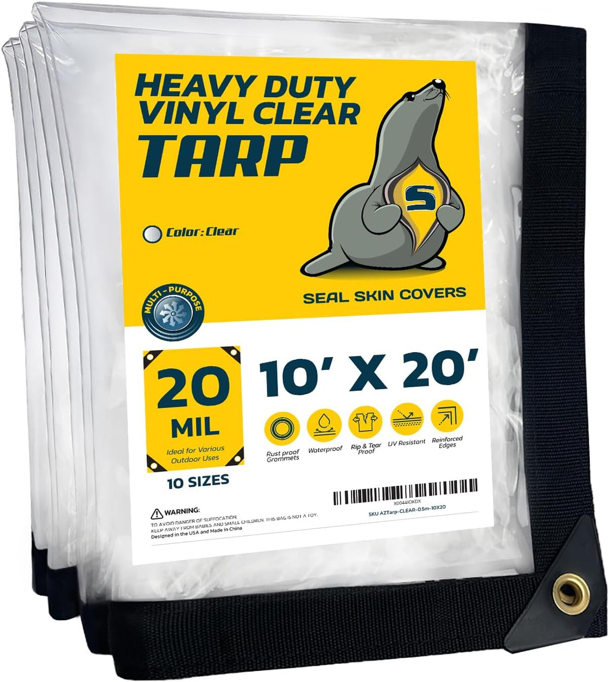 Seal Skin Covers Waterproof Clear Tarp 10x20 FT, 20 Mil 18 OZ 560 GSM Heavy Duty Transparent Vinyl Tarpaulin with Grommets
