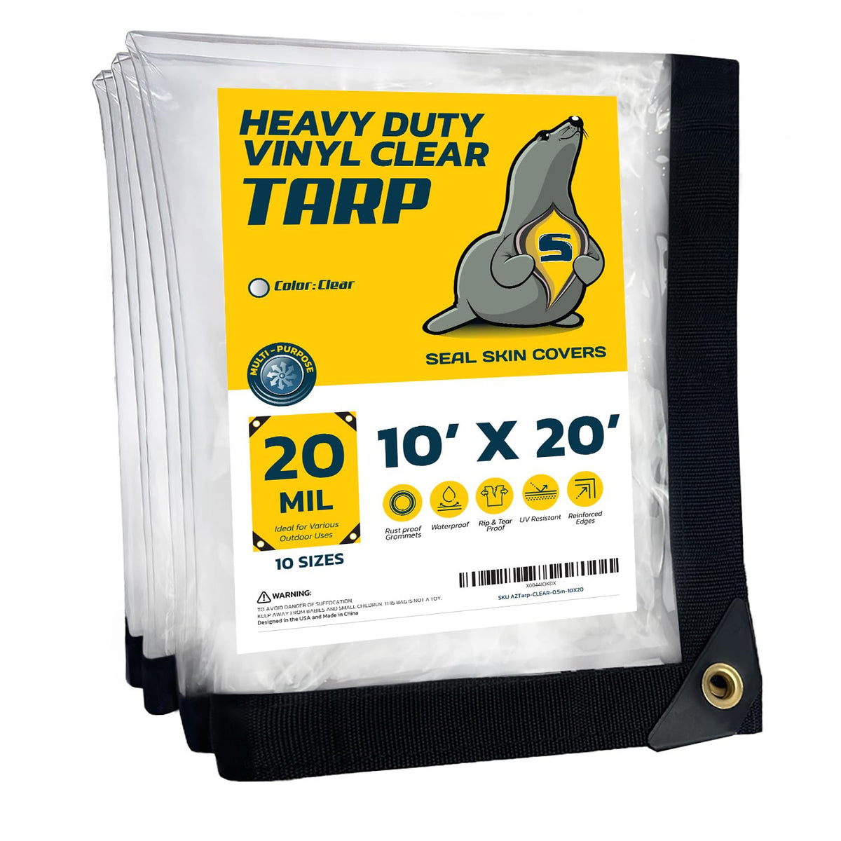 Seal Skin Covers Waterproof Clear Tarp 10x20 FT, 20 Mil 18 OZ 560 GSM Heavy Duty Transparent Vinyl Tarpaulin with Grommets