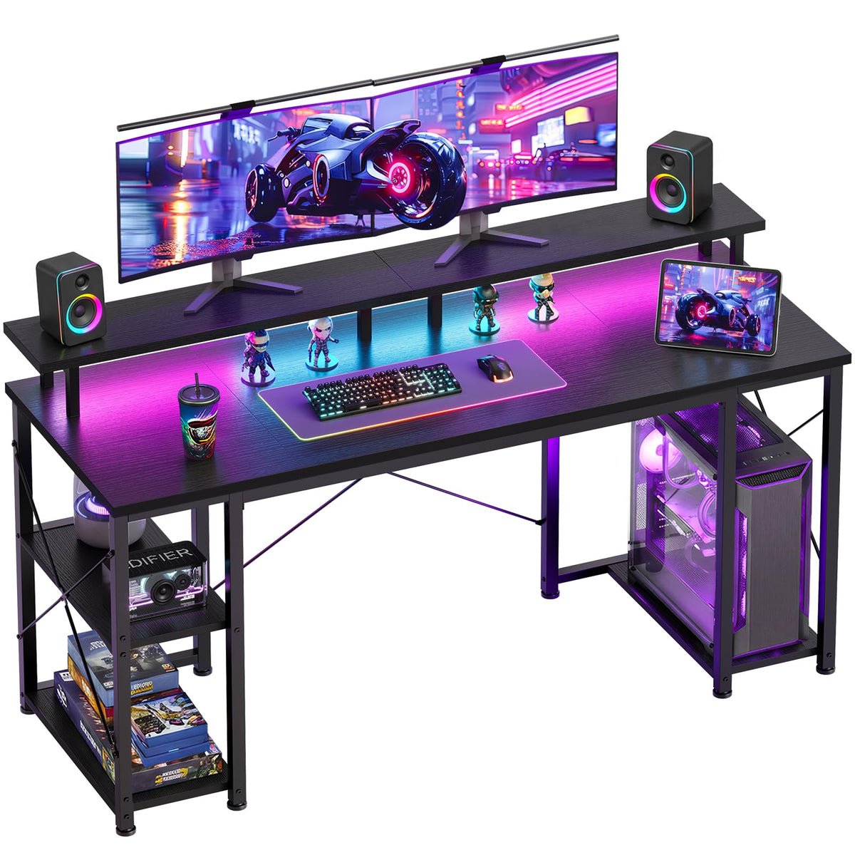 ODK 48 Inch Gaming Desk with LED Lights & Storage Shelves, Black