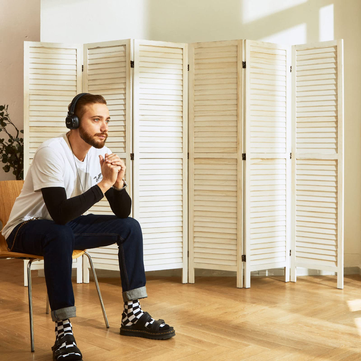 Room Dividers and Folding Privacy Screens, Wood Louvered Separators Divider Wall for Home Office Bedroom - 4 Panels, 67 * 60inch (White-Washed)