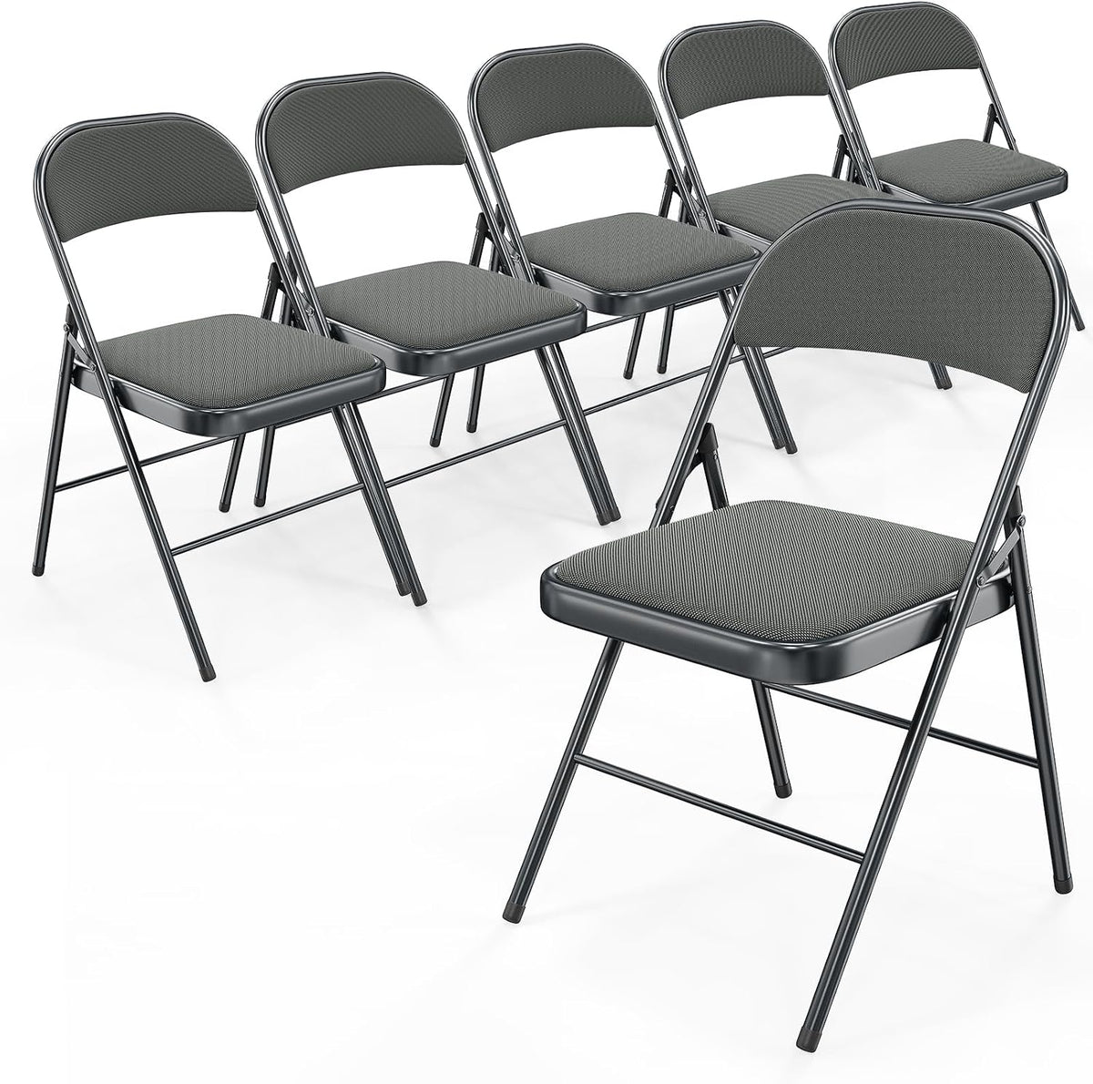 Bonnlo Folding Chair, Fabric Padded Folding Chairs with Cushion, Back and Steel Frame for Indoor Outdoor Outside Dinning Office Camping Use, Gray, 6 Pack