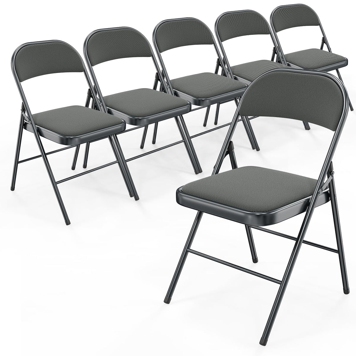 Bonnlo Folding Chair, Fabric Padded Folding Chairs with Cushion, Back and Steel Frame for Indoor Outdoor Outside Dinning Office Camping Use, Gray, 6 Pack