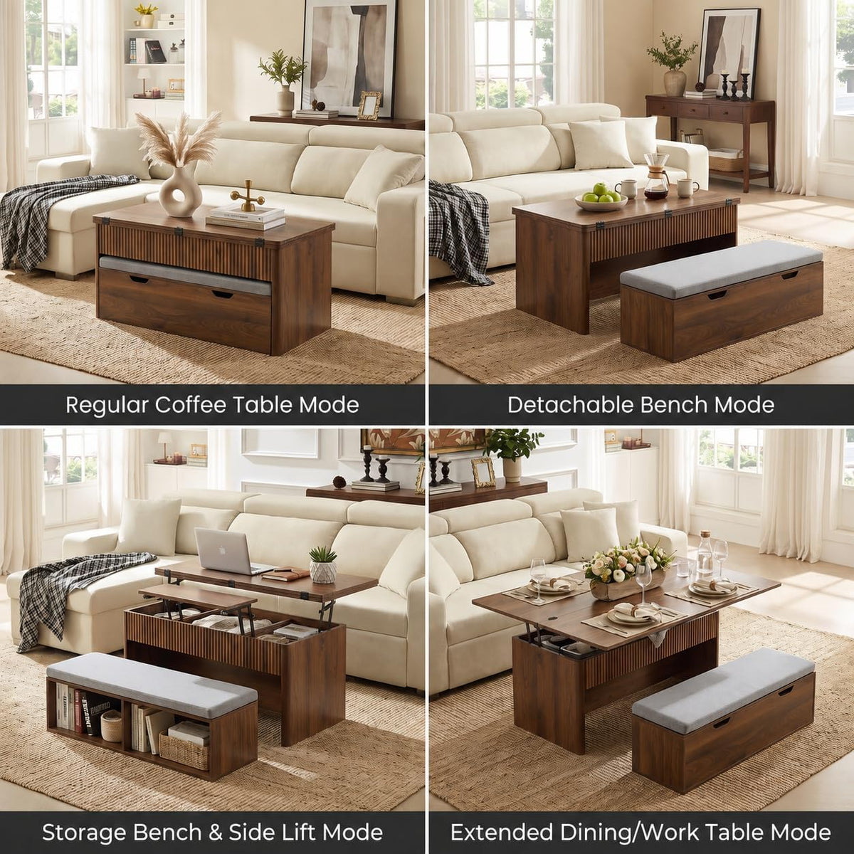 Lift Top Coffee Table with Bench and Storage, 39.4 Inch Convertible Coffee Table Dining Table Set with Hidden Storage, Upholstered Bench, Dual Lift Top for Living Room, Apartment, Walnut