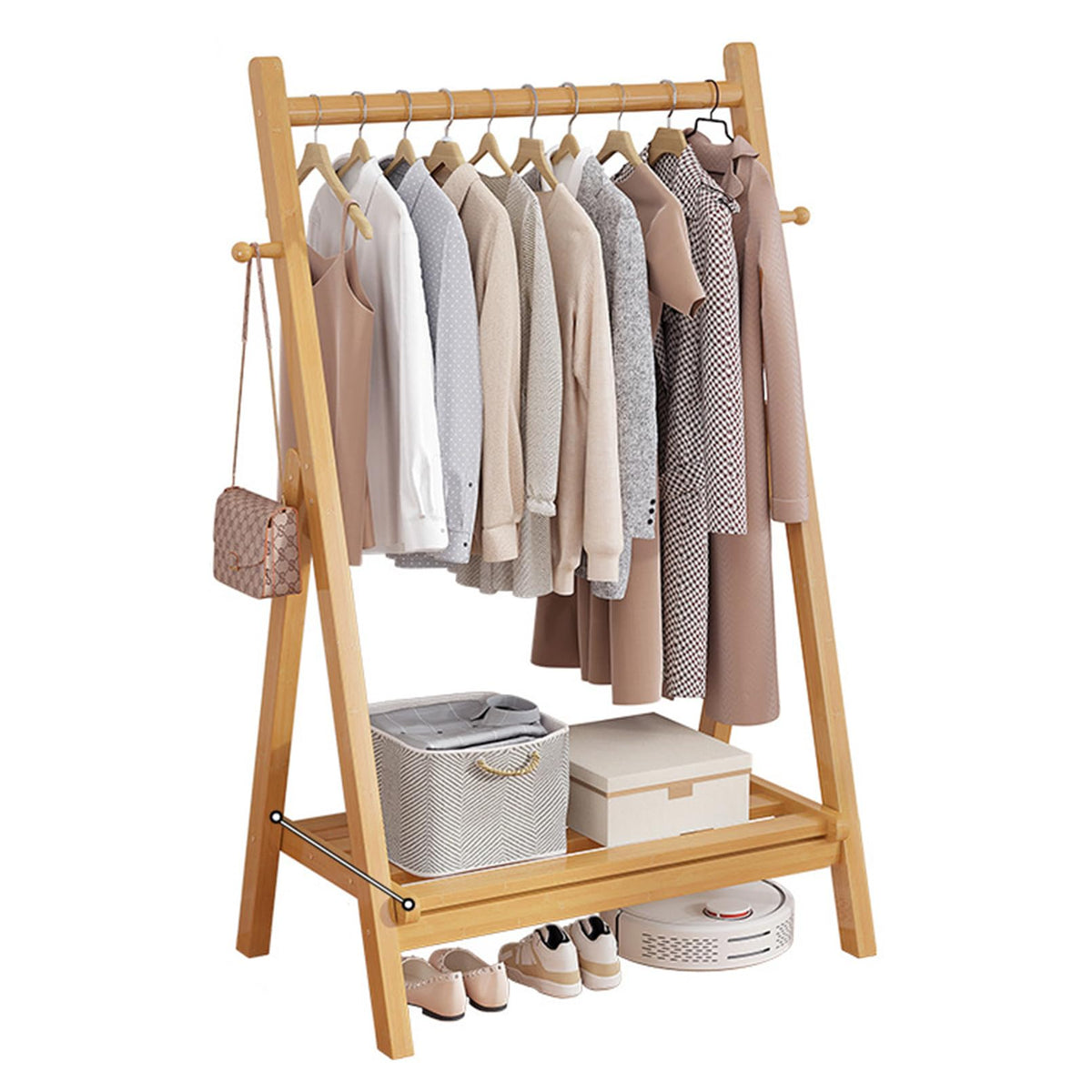 Unique Coat Rack Stand, Bamboo Clothing Rack Foldable Clothes Hanging Stand with Storage Shelf for Laundry, Guest Room, Apartment, Entryway