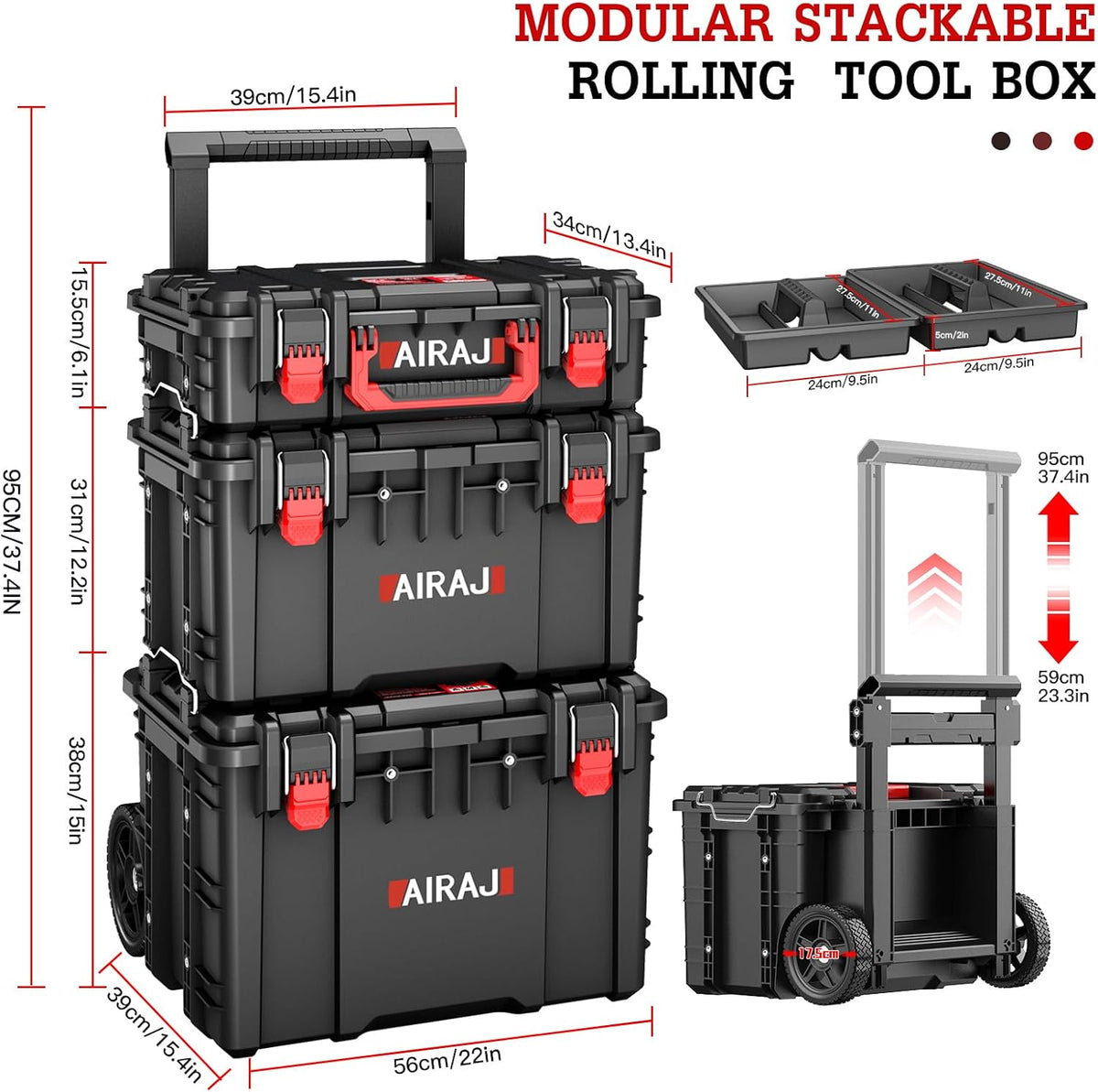 AIRAJ 3 Tier Rolling Tool Box Heavy Duty, Stackable Tool Box with Wheels