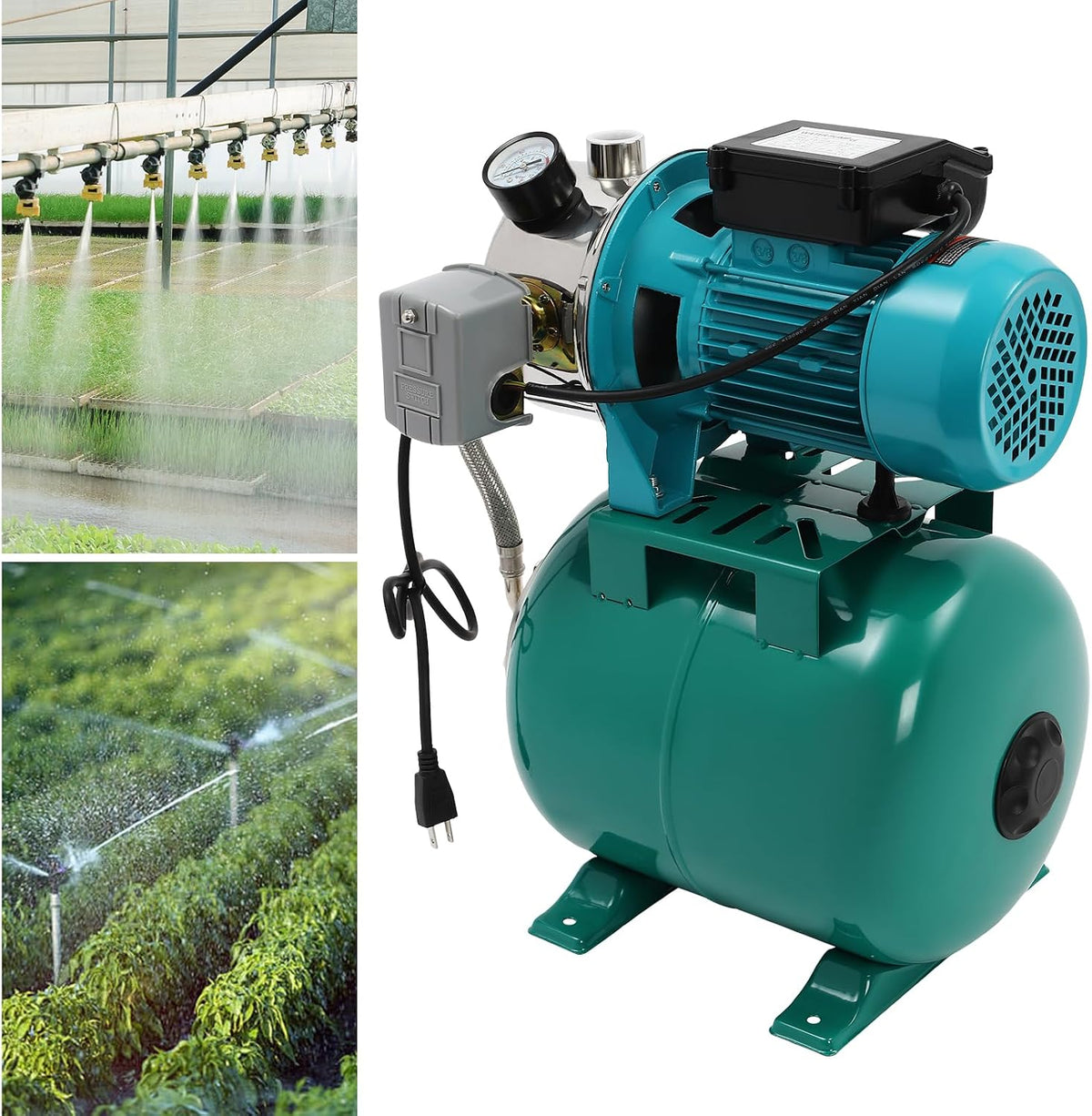 YIYIBYUS 1HP Green Stainless Steel & Cast Aluminum Shallow Well Water Pump, 110V Irrigation Pump with Pressure Tank for Home Farm Lawn Irrigation Yard