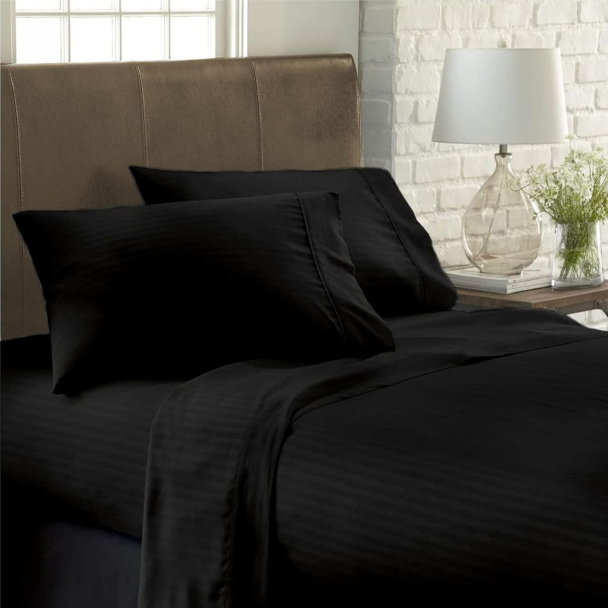USA Short Queen Sheet Set in Black Stripe 400 Thread-Count 100% Egyptian Long Staple Cotton, Sateen Weave for Soft and Silky Feel, Breathable 4-Piece Bedsheet, Elasticized 24'' Extra Deep Pocket