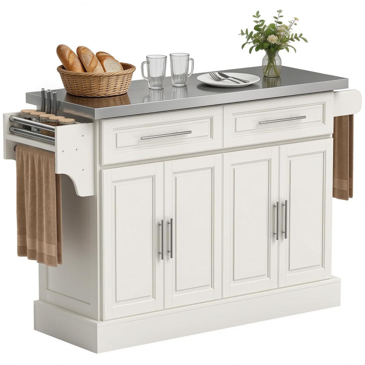 HOMCOM Rolling Kitchen Island Cart with 47" Stainless Steel Top White