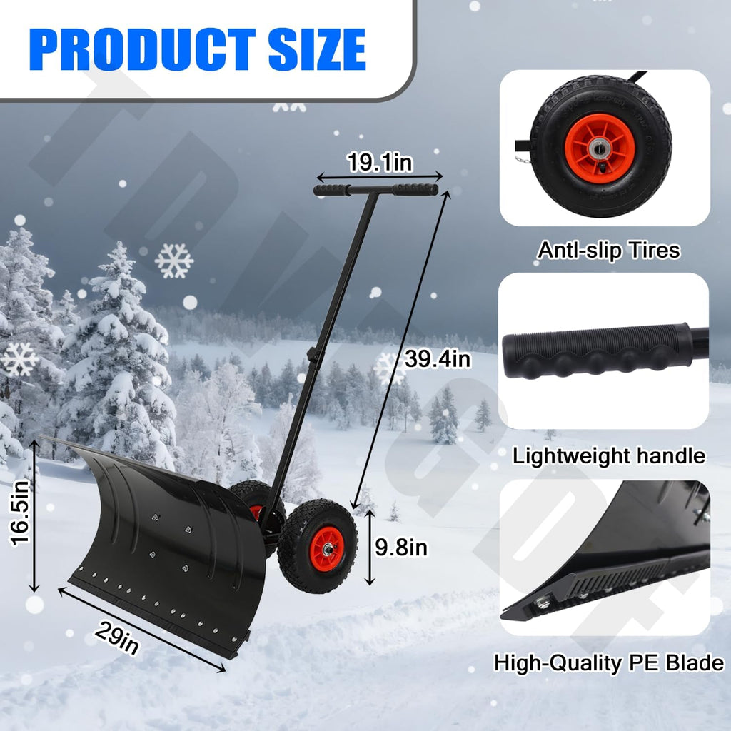 Snow Pusher with Wheels, 29" Wide Snow Shovel for Driveway, 5-Position Angle & Height Handle Ergonomic Design for Back-Save Effort Snow Removal (Single Rod-W 29'')