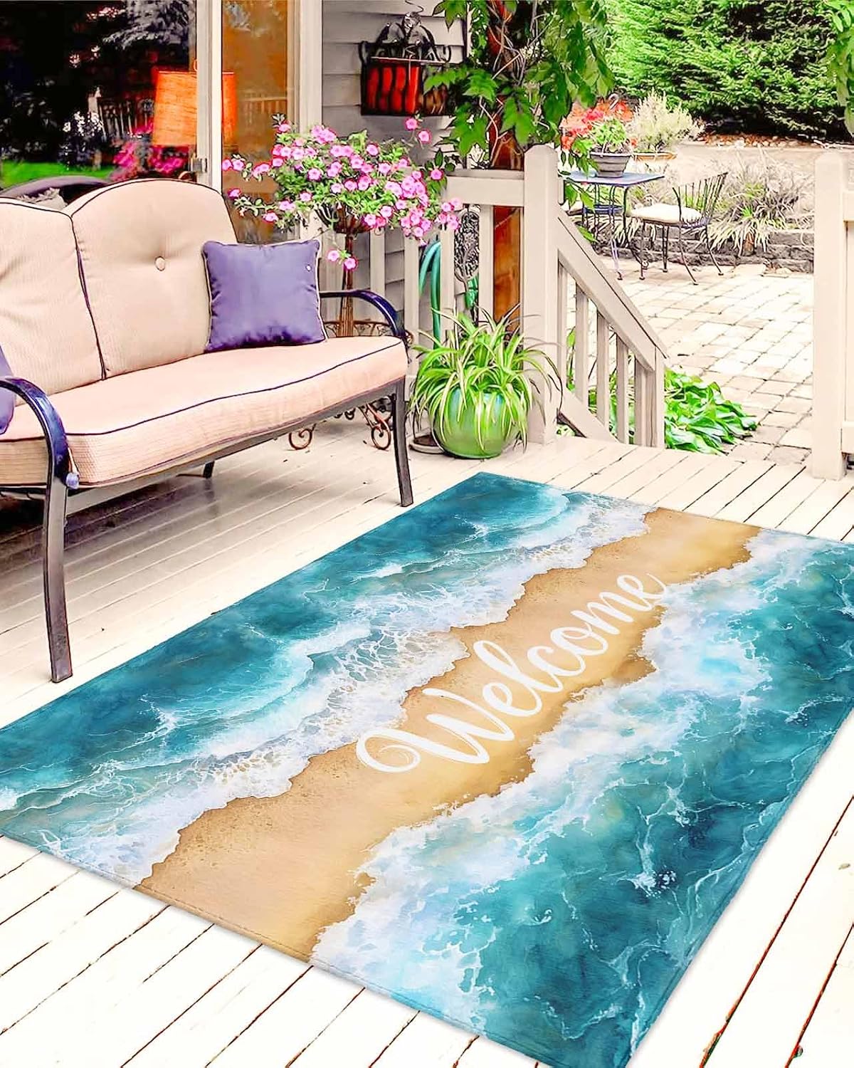 Welcome Summer Beach Outdoor Rug 5x8ft, Waterproof Indoor Outdoor Rug for Patio, Watercolor Ocean Camping Carpet Mat Outside Area Rug for RV Picnic Beach Balcony Deck Backyard