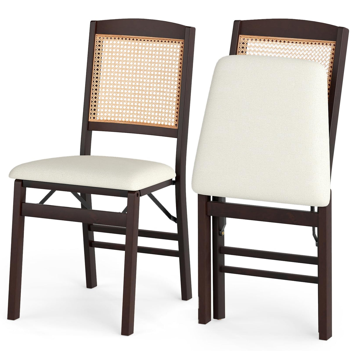 COSTWAY Folding Chairs Set of 4 w/Rattan Backrest & Padded Seat (Espresso)