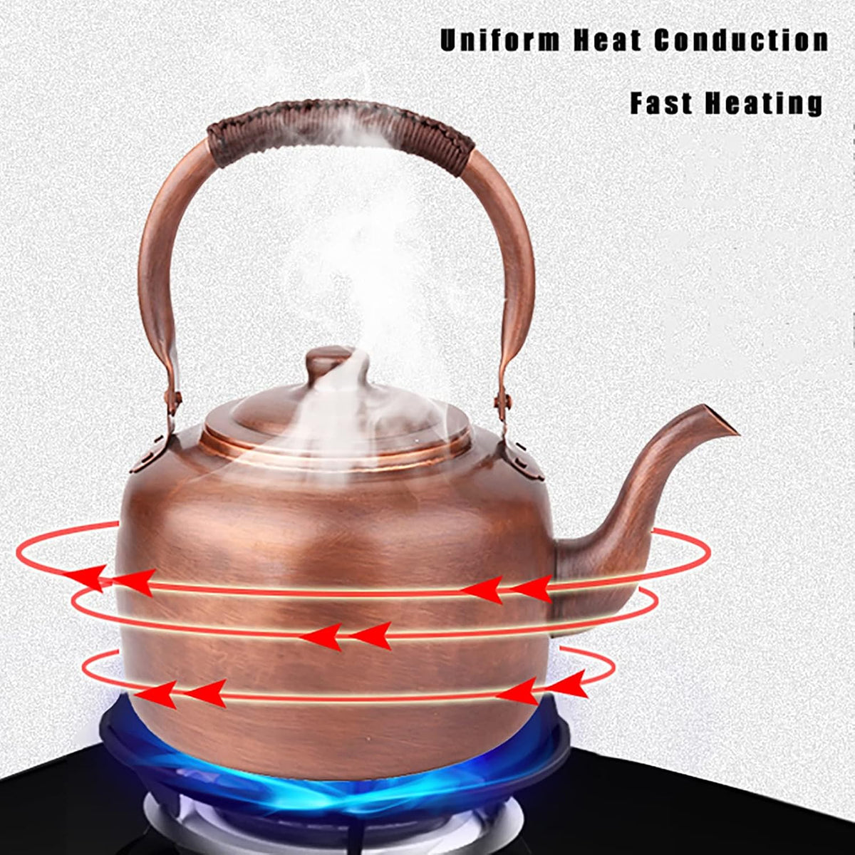 Premium Rustic Copper Tea Kettle for Stove Top, Whistling Kettle Teapot with Ergonomic Handle, Works for All Stovetops