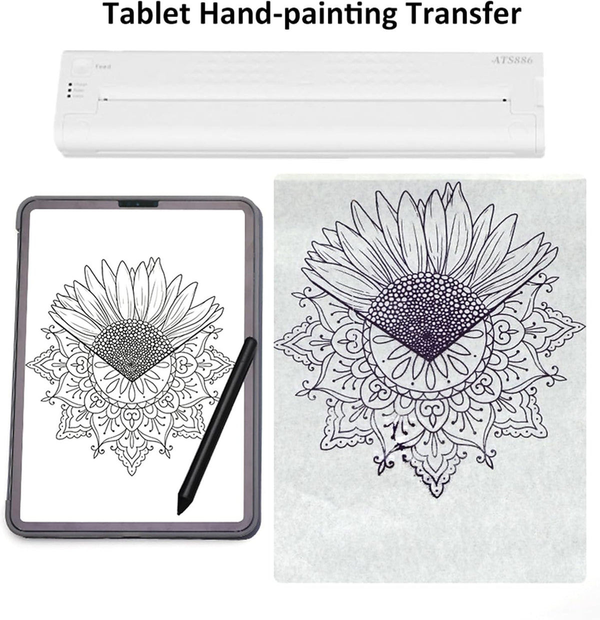 ATS886 Cordless Tattoo Transfer Stencil Printer - Portable Thermal Copier Machine - Rechargeable 1200mAh Battery - Compatible with Android iOS and PC - 1.09 lbs (White)