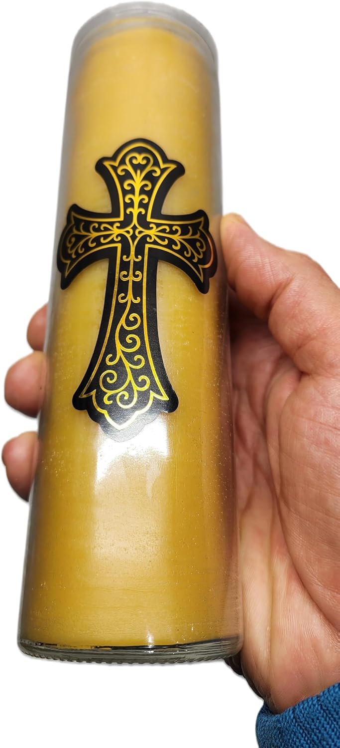 Made in USA Beeswax Devotional Prayer Candles with Cross on Glass 100 Hours Burn time. 6 Pack