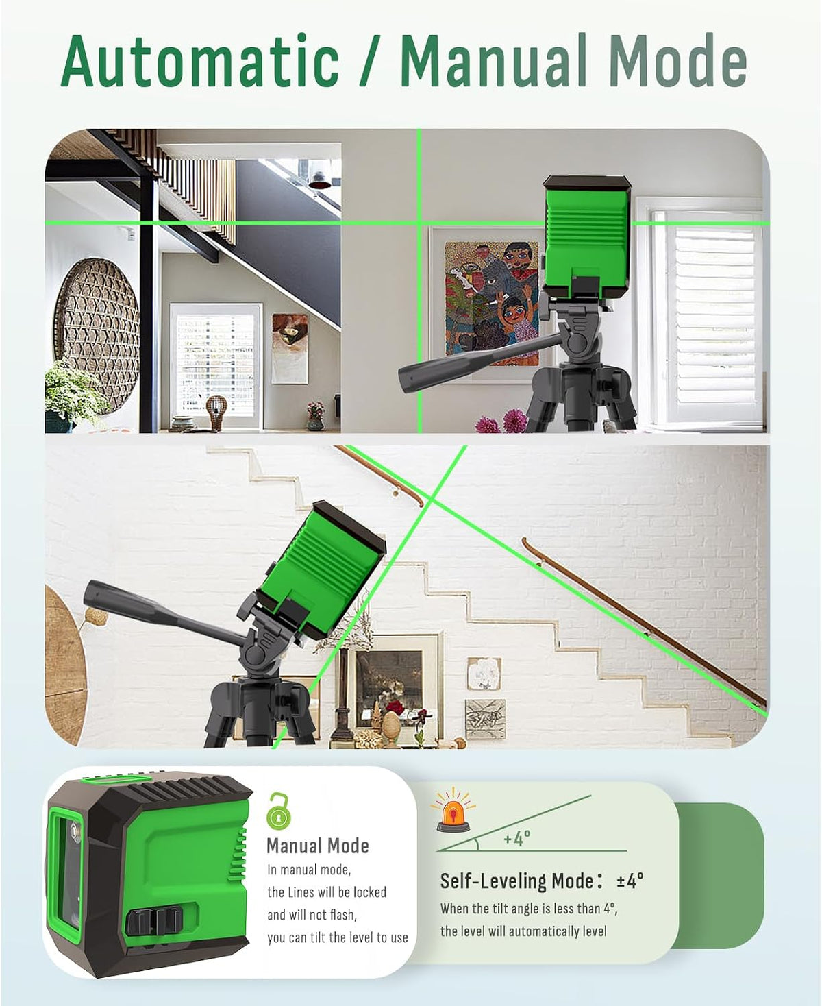 Laser Level with 50” Tripod, 360° Self Leveling Cross Line Laser Level, Green Beam Horizontal and Vertical Line leveler Tool for Hanging Pictures, Home Renovation with 4 AA Batteries & Carry Pouch