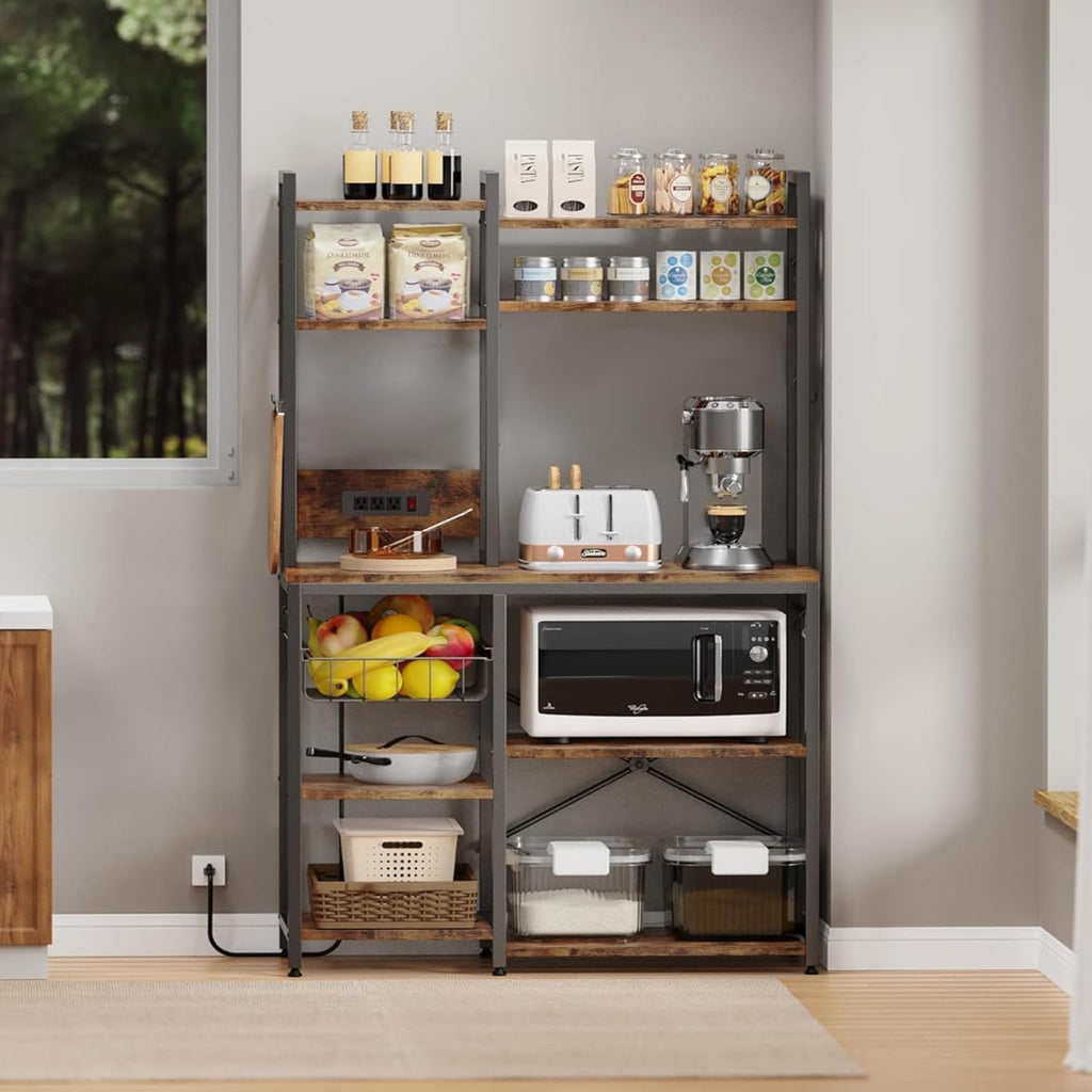 Cheersstar Bakers Rack with Power Outlet -, Standing Kitchen Baker’s Rack, 6-Tier Microwave Stand, Coffee Bar with 12 S-Shaped Hooks, Kitchen Shelf with Storage, Coffee Bar Station, for Rustic Brown